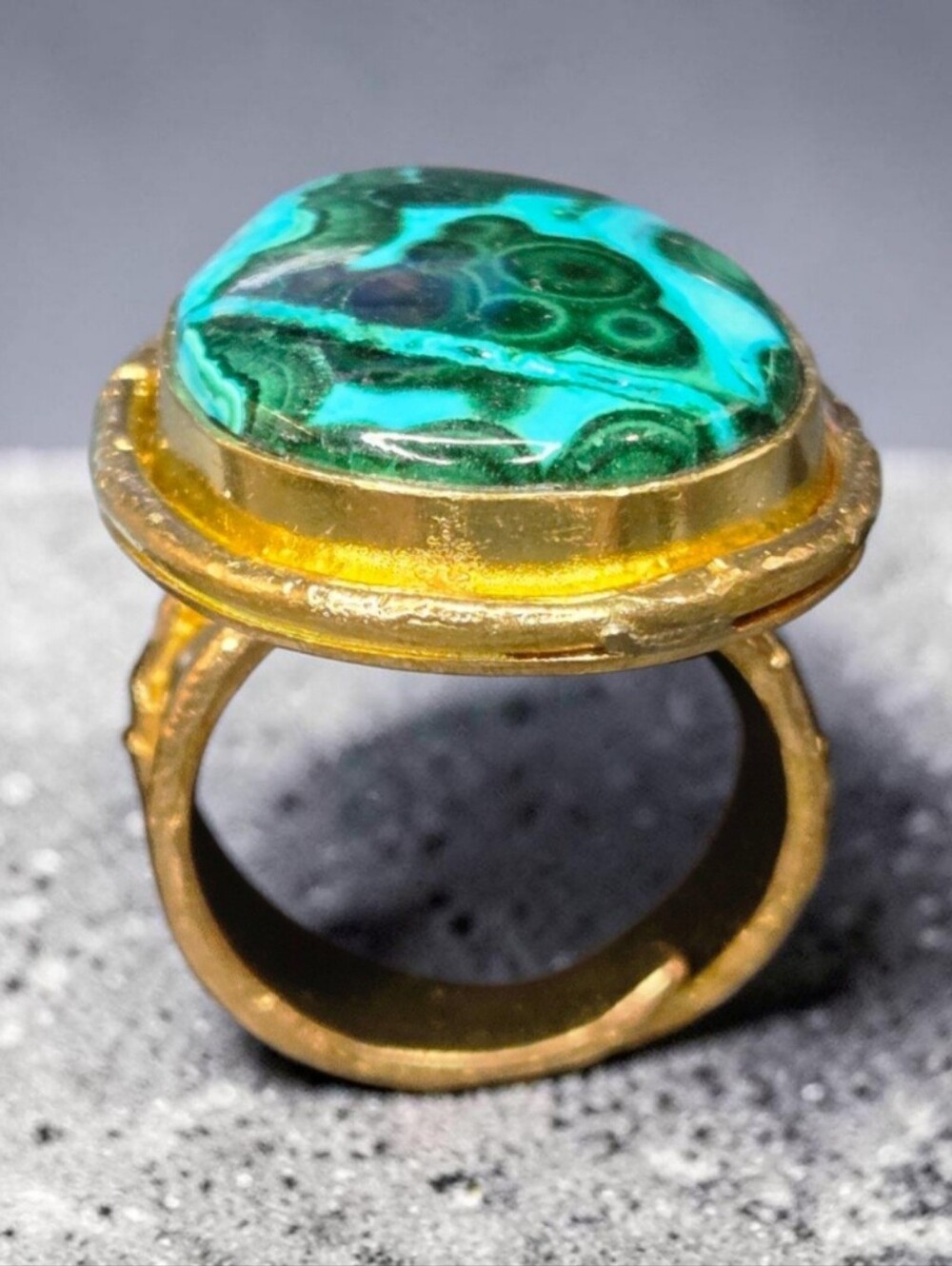 Incredible 18k Gold Plated Artisan Chrysocolla Malachite Natural Stone Ring - Picture 4 of 7